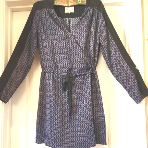 SEA New York SILK Cross Over Neck Tie Drawstring Waist LS Blue Black Dress EUC 6 - Picture 5 of 16